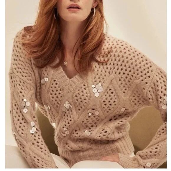 WHBM Sequin Cable Knit Sweater Beige Chunky Embellished Cozy Glam XS Holiday - Picture 14 of 14